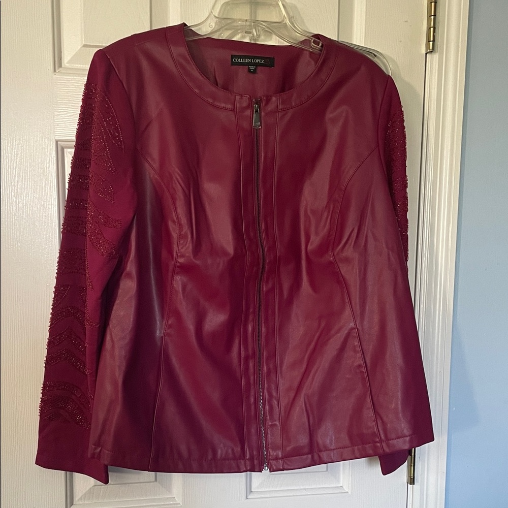 Colleen Lopez Wine Faux Leather Zip Front Jacket with Beaded Sleeves